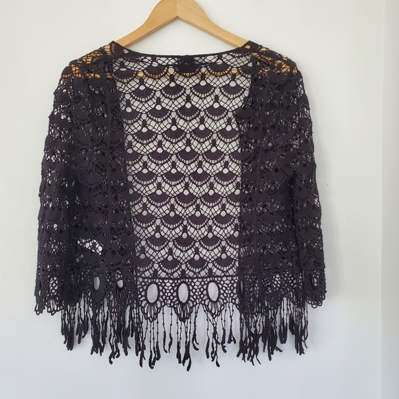 NWOT Sz XS Black Open Crochet Knit Open Style Cardigan Fringe 3/4 Sleeve BOHO - Picture 11 of 15